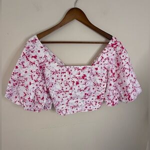 Open Edit pink & white floral crop top puffy sleeves SZ XS